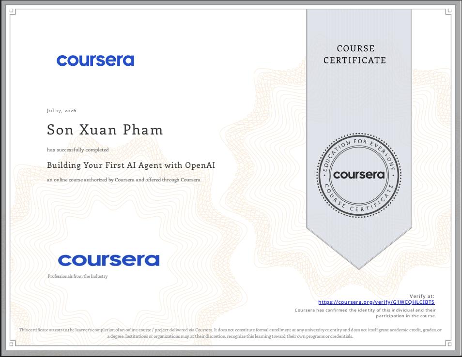 Chứng chỉ Building Your First AI Agent with OpenAI của Son Xuan Pham