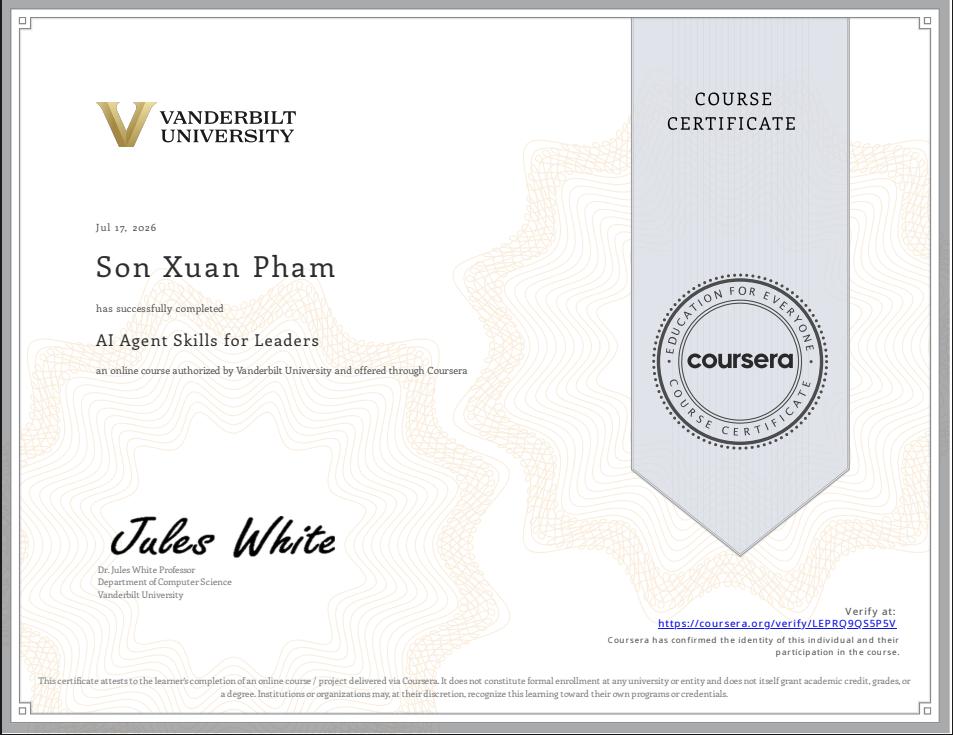 Chứng chỉ AI Agent Skills for Leaders của Son Xuan Pham