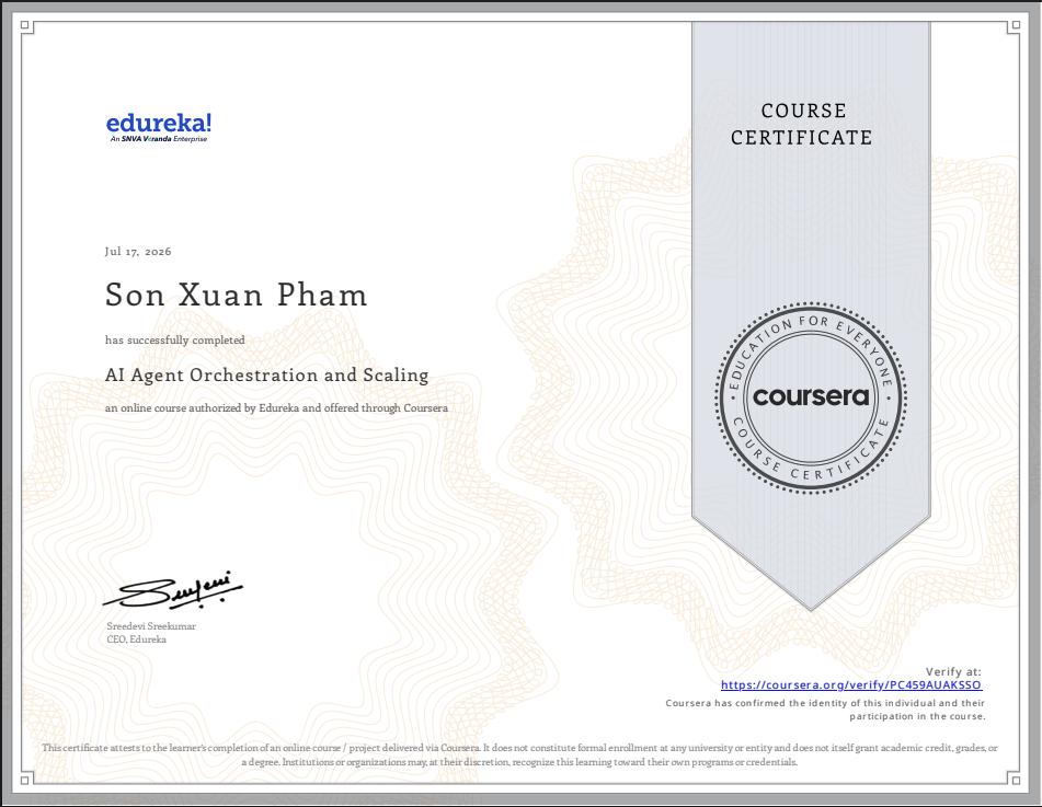 Chứng chỉ AI Agent Orchestration and Scaling của Son Xuan Pham