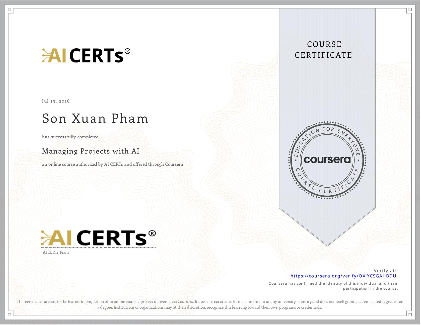 Chứng chỉ Managing Projects with AI của Son Xuan Pham